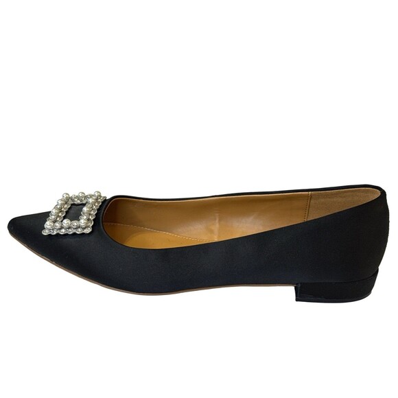 J.Crew Black Satin Pointed Toe Flats Size 9 | Pearl Rhinestone Buckle - Picture 1 of 6